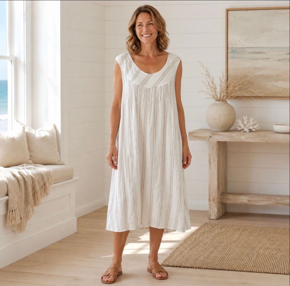 FLAX Simple Is Superb Linen Midi Dress L Pinstripe Lagenlook Made Lithuania
